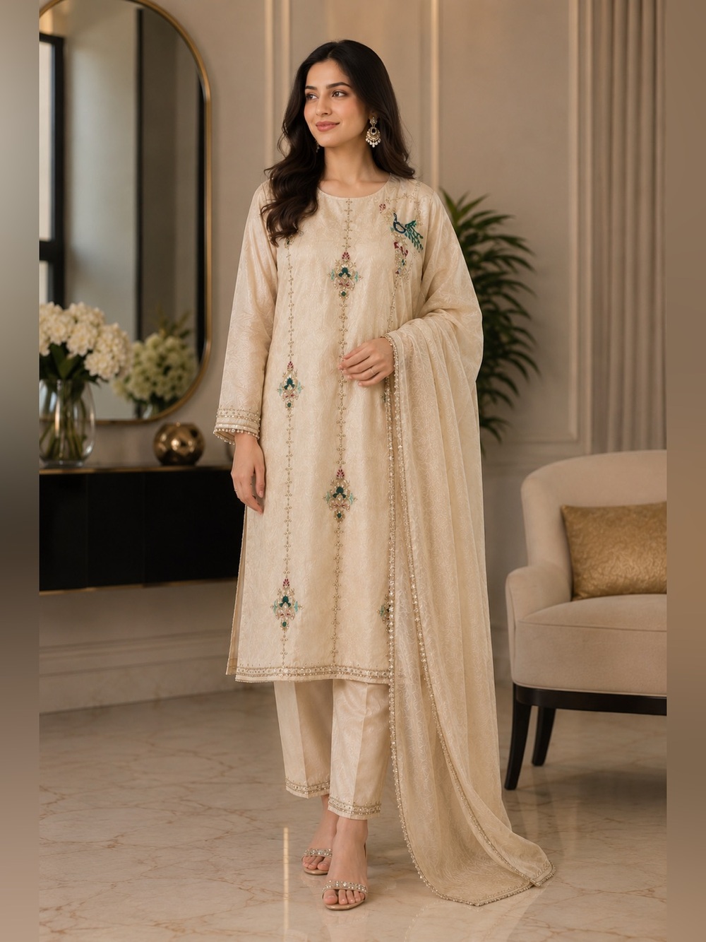 3pcs Embroidered golden Women's Coat with Teal & Blue Accents